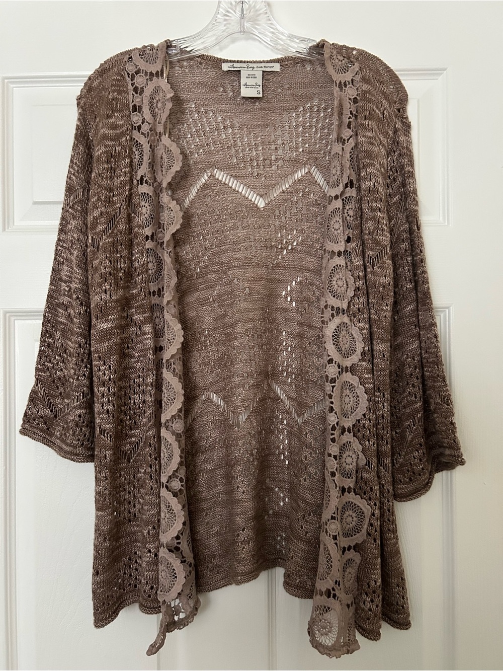 American Rag 3/4 Sleeve Crochet Open-Front Knit Boho Cardigan Taupe Size 
S